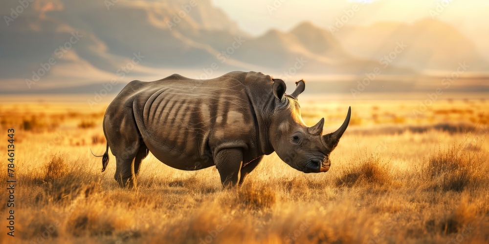 Fototapeta premium A rhinoceros standing alone, the savanna grasses waving gently in the evening breeze, with the backdrop of a sun-kissed mountain range.