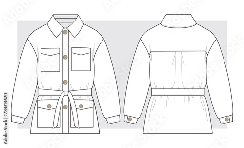 Shirt jacket with ties at the waist technical sketch. Vector illustration. photo