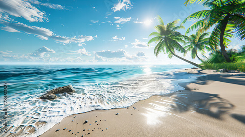 Sunny Tropical Beach with Clear Blue Waters and Palm Trees, Idyllic Vacation Spot for Sun and Surf