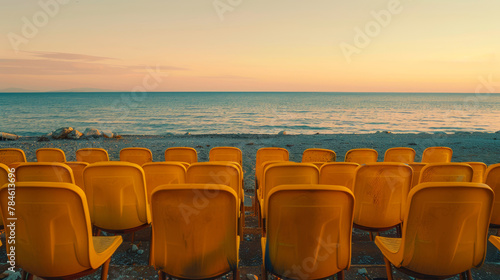 Row of yellow chairs on beach and calm sea