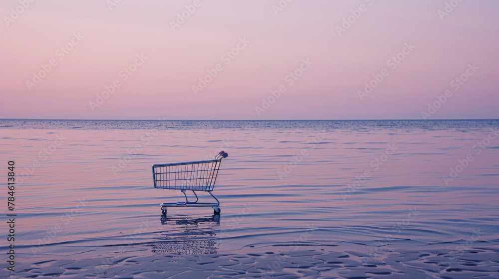 Shopping cart adrift in the ocean on beach - obrazy, fototapety, plakaty 