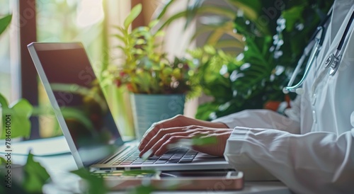 Person Typing on Laptop in Front of Potted Plant