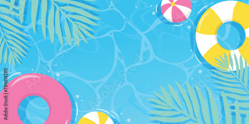 Hello Summer water surface background vector. Blue sea hand drawn backdrop design of ocean, sea, pool, swim ring, beach ball, palm leaf. Tropical summer time illustration for cover, promotion, sale.