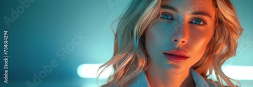Woman With Blonde Hair Standing in Front of Blue Wall