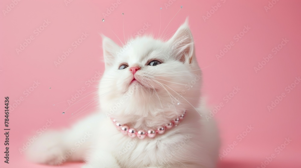 White cat wearing pink pearl necklace on pink background White cat wearing pink pearl necklace on pink background