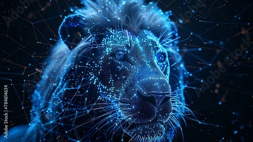 blue digital hologram lion head , ai in wildlife conservation efforts, habitat monitoring systems, animal behavior analysis, and ecological balance preservation. lion wireframe low poly. 