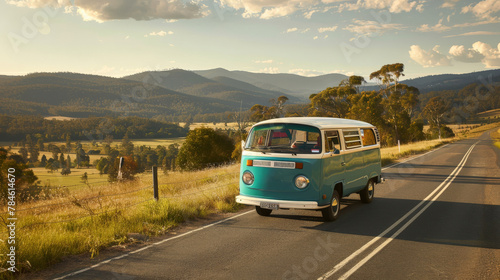 A road trip adventure in a vintage van, winding through picturesque countryside roads, with stops at roadside farmers' markets and local landmarks. photo