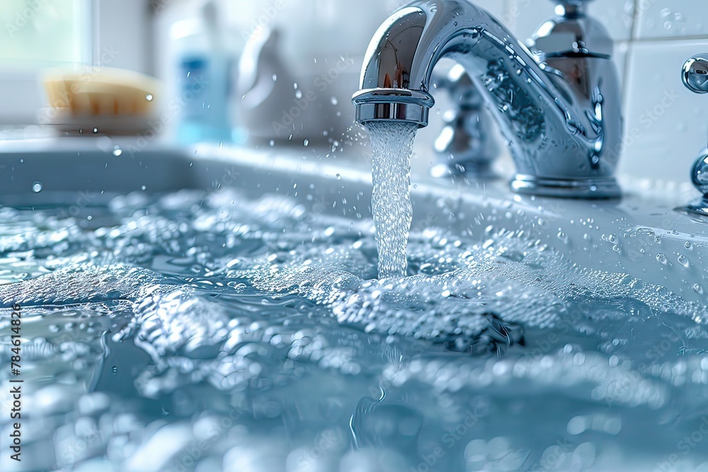 Water runs from a metal water tap. Close up.