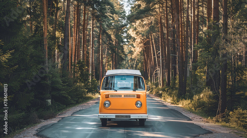 A road trip adventure in a vintage van, winding through picturesque countryside roads, with stops at roadside farmers' markets and local landmarks. © Sasint