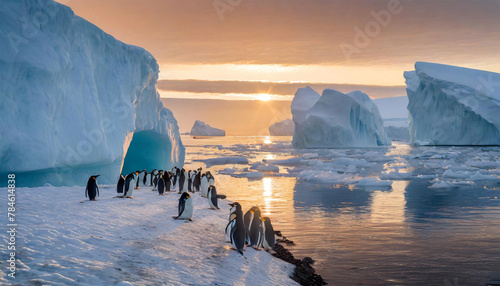 Penguin colony with sunrise glistening off frozen icebergs. photo