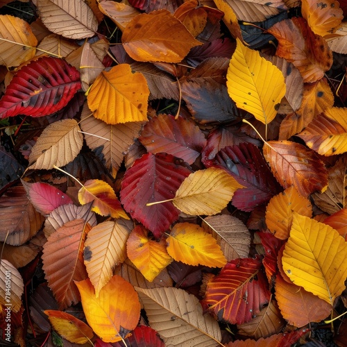 Macro shot of colorful autumn leaves on the ground photo