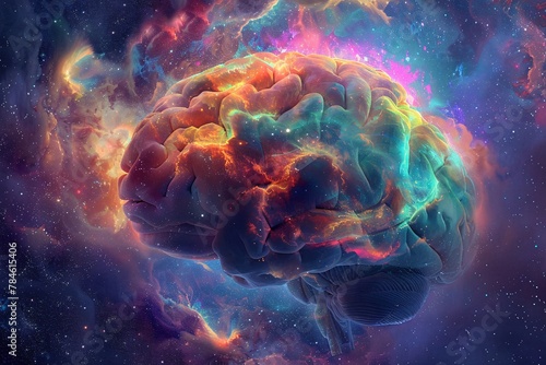 A vibrant brain floats in the infinite expanse of space, showcasing its intricate network of neurons and synapses against a backdrop of stars and galaxies