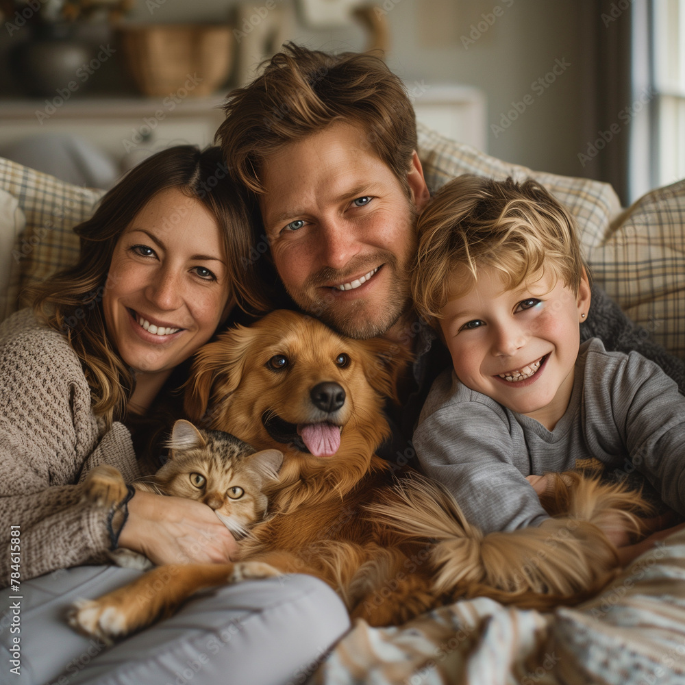 Parents and kids, with cat and dog in couch smiling, happy family with animals
