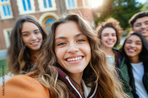 Group of happy female teenagers taking selfie outdoors together.