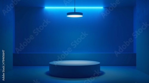 Blue room with round podium with hanging neon lamp