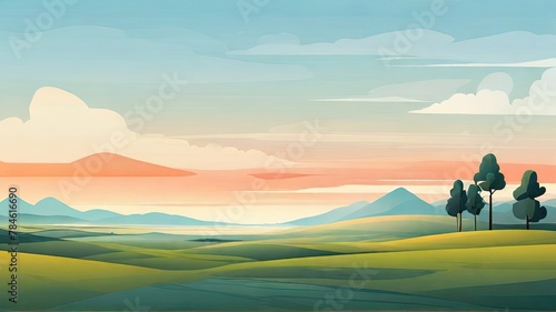 A painting depicting a vast landscape with towering mountains in the background and lush trees in the foreground. Generative AI