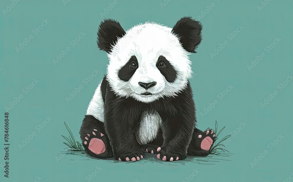 A black and white baby panda bear sits on the ground. Generative AI