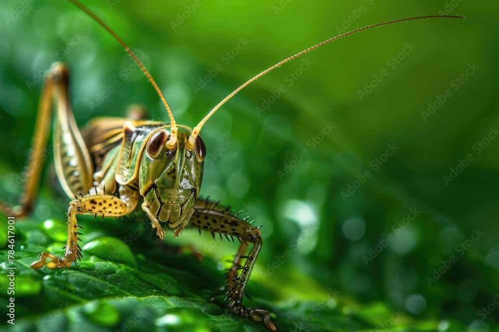 Close-up of a cricket on a green leaf