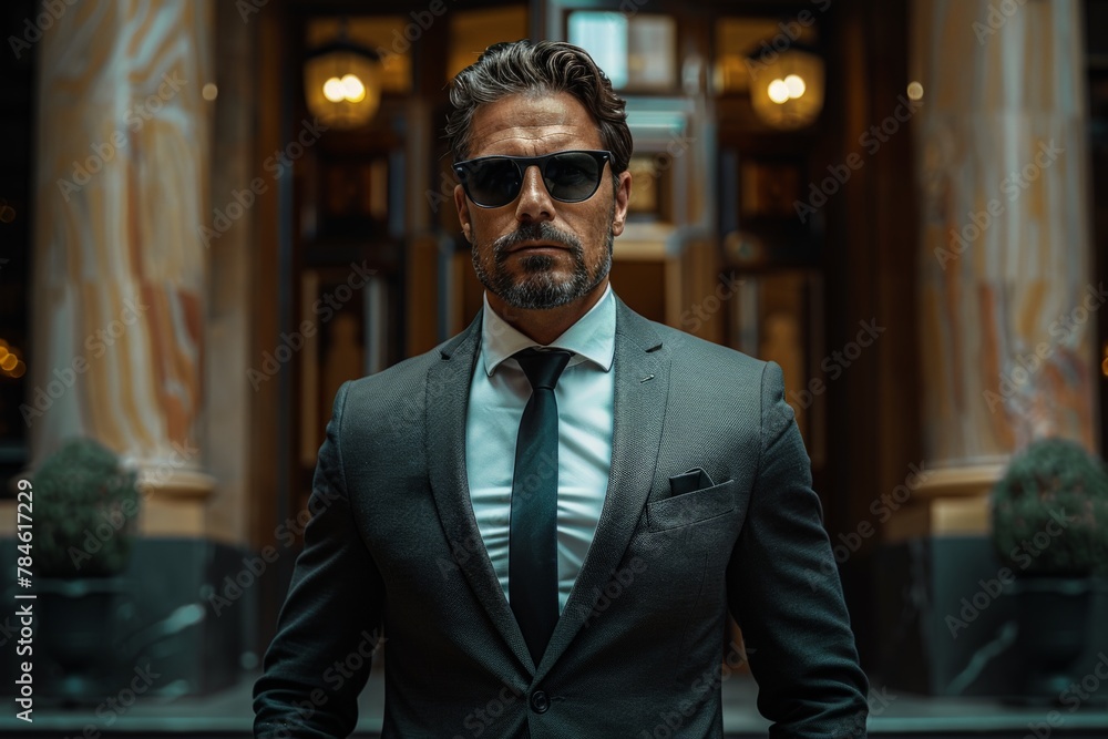 A well-dressed man in sunglasses and a suit stands confidently in a luxurious shopping mall setting A well-dressed man in sunglasses and a suit stands confidently in a luxurious shopping mall setting