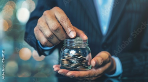 A businessman in a suit is putting a coin into a glass jar. The jar is almost full of coins.