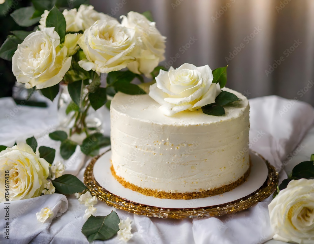 A white wedding cake with white roses on a white tablecloth. A white wedding cake with white roses on a white tablecloth.