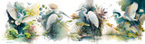 Watercolor wallpaper Digital drawing of a water heron with lotus plants in the lake for a natural view and quiet colors 
