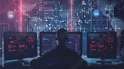 A hacker in a dark room sits at a computer terminal with a red and blue digital world map projected on the wall behind him.