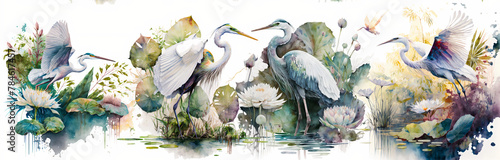 Watercolor wallpaper Digital drawing of a water heron with lotus plants in the lake for a natural view and quiet colors 