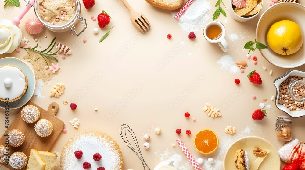 Flat lay of baking ingredients, utensils, and an array of fresh desserts surrounded by scattered berries and nuts on a pastel background. Flat lay of baking ingredients, utensils, and an array of fresh desserts surrounded by scattered berries and nuts on a pastel background.