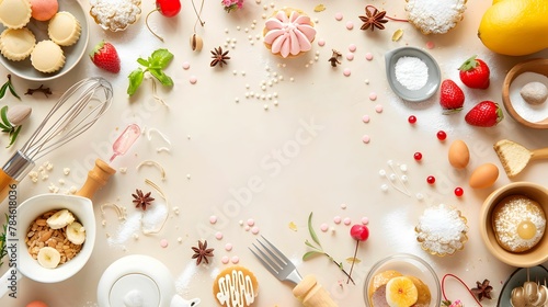 Flat lay of baking ingredients, utensils, and an array of fresh desserts surrounded by scattered berries and nuts on a pastel background.