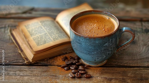 Open Book and Coffee Cup on Wooden Tray