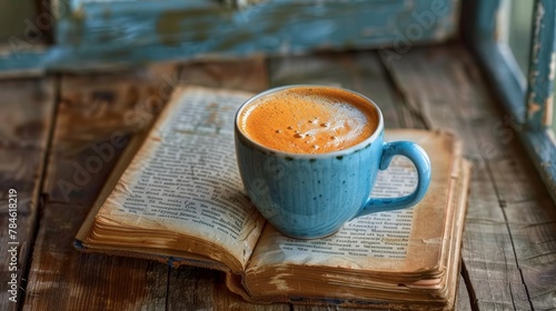 Open Book and Coffee Cup on Wooden Tray