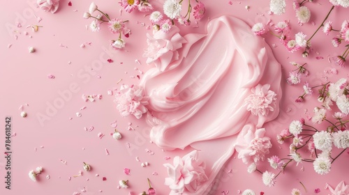 Pink frosted cake surrounded by flowers on pink background