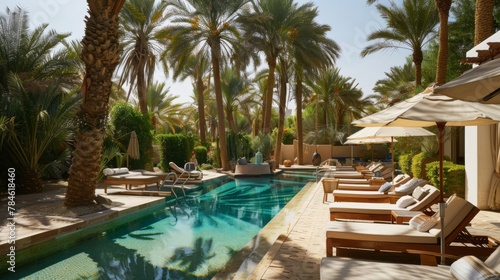A serene desert oasis with palm trees   a sparkling pool   and lounge chairs   offering a tranquil retreat from the heat and sand of the surrounding desert landscape