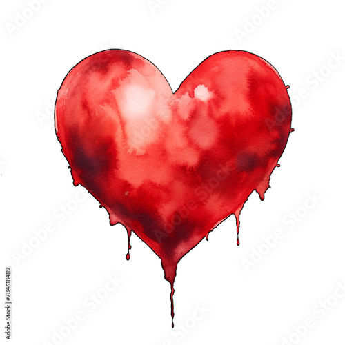Czerwone, akwarelowe, ociekające farbą serce z czarną oblamówką. Przezroczyste tło.