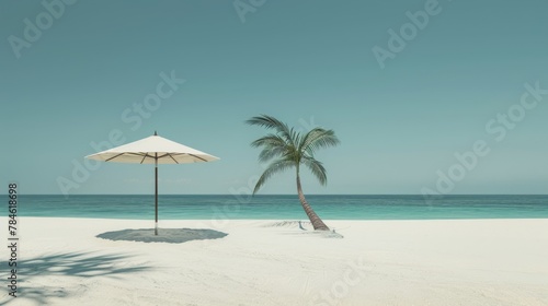Beach with palm tree and white umbrella © NK