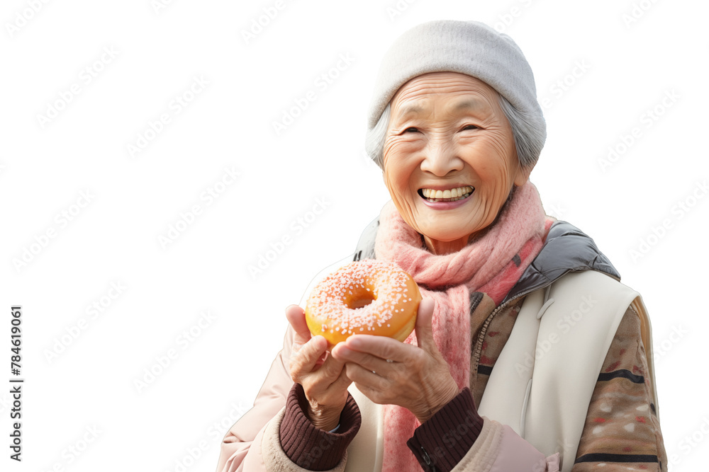 Middle aged Chinese woman holding a donut on isolated chroma key background Middle aged Chinese woman holding a donut on isolated chroma key background