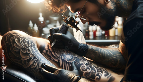 Creative Imagination: A Candid Look at a Tattoo Artist Inking Detailed Designs in Their Studio, Blending Ink and Inspiration into Art photo