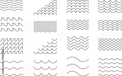 Water wave, sea wave, Wavy line set. Line water waves icon, sign vector. Zigzag line. Water logo, symbol or sign vector collection. photo