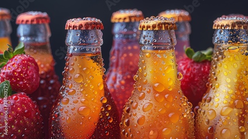 Group of bottles filled with with colorful fruit water next to strawberries photo