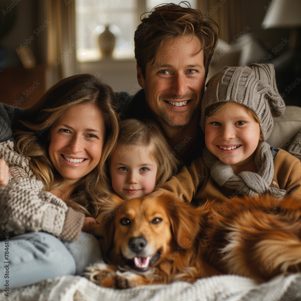Parents and kids, with cat and dog in couch smiling, happy family with animals Parents and kids, with cat and dog in couch smiling, happy family with animals