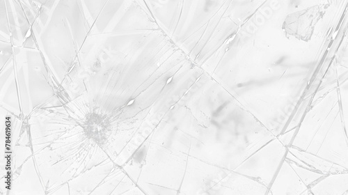 Broken glass on transparent background with lots of glass splinters and cracks photo