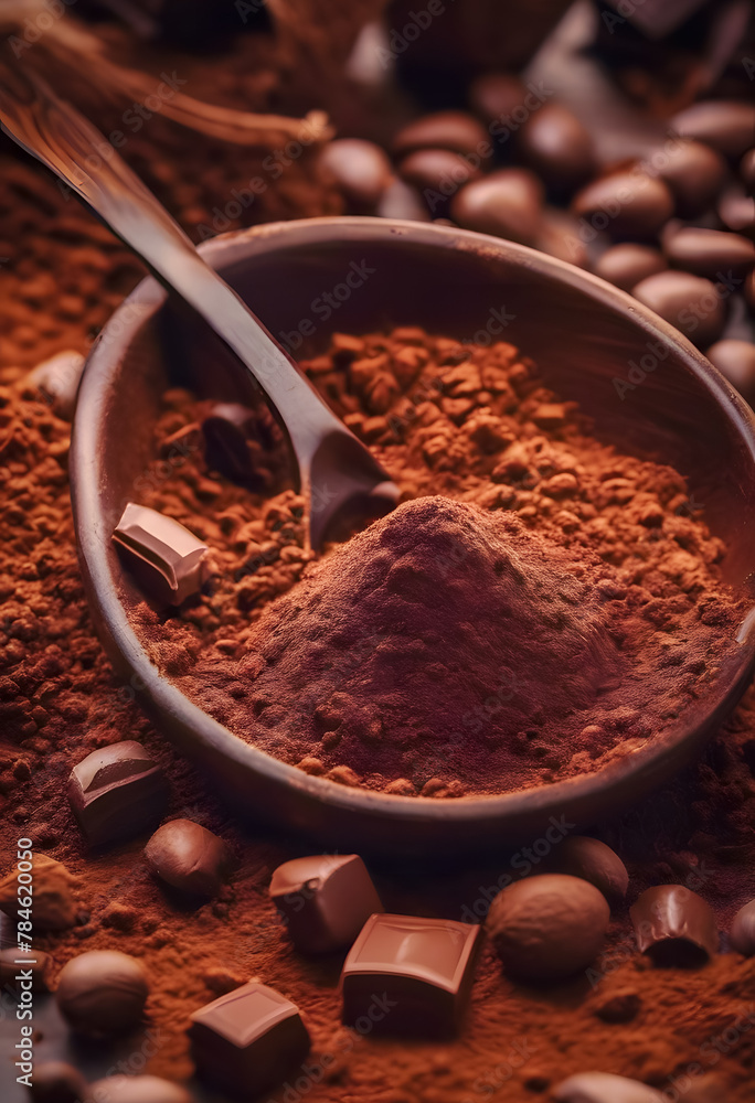 Close-up of cocoa powder in a rustic bowl with a spoon, surrounded by cocoa beans and chocolate pieces. International Chocolate Day. Close-up of cocoa powder in a rustic bowl with a spoon, surrounded by cocoa beans and chocolate pieces. International Chocolate Day.