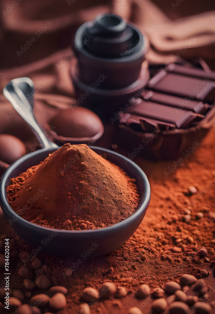 A close-up view of a bowl filled with cocoa powder, surrounded by chocolate pieces, a spoon, and cocoa beans on a rustic surface. International Chocolate Day. A close-up view of a bowl filled with cocoa powder, surrounded by chocolate pieces, a spoon, and cocoa beans on a rustic surface. International Chocolate Day.