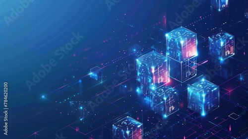 Abstract blockchain, futuristic technology. distributed data storage. Network connection technology. Cubes and squares