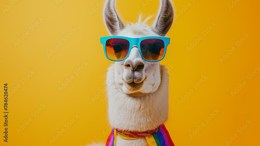 Trendy llama with colorful sunglasses and graduation sash poses against bright yellow backdrop. Spring, Summer, Education and graduation concepts