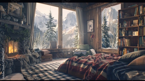 A cozy mountain cabin with a rustic stone fireplace, plaid blankets, and a cozy reading nook, surrounded by snow-capped peaks and serene forest scenery