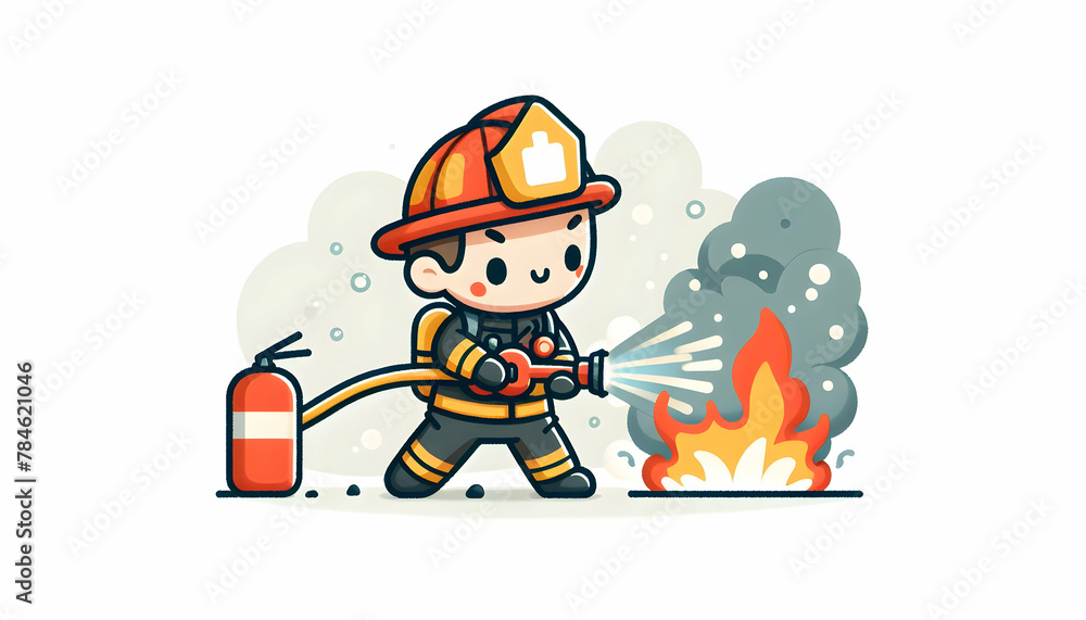 Flat vector illustration of a firefighter in full gear during a drill in a candid daily environment and routine of work - isolated on white background Flat vector illustration of a firefighter in full gear during a drill in a candid daily environment and routine of work - isolated on white background