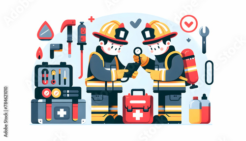 Flat vector illustration of a firefighter inspecting and maintaining gear for readiness in a candid daily work environment