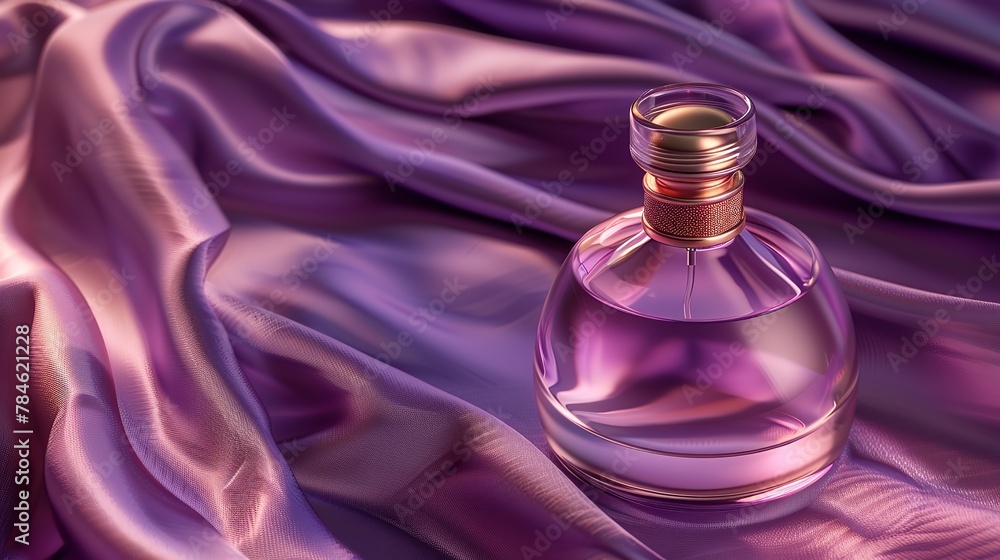 perfume bottle on a mockup of a folded purple silk fabric for a product photo, Generative AI. perfume bottle on a mockup of a folded purple silk fabric for a product photo, Generative AI.